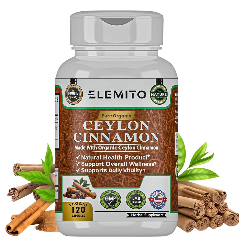 Organic Ceylon Cinnamon Capsules 1200mg | True Cinnamon Cinnamomum Verum | Certified Organic, Non-GMO, Vegan, Gluten-Free | Antioxidant & Metabolism Support Supplement for Men & Women | 120 Capsules
