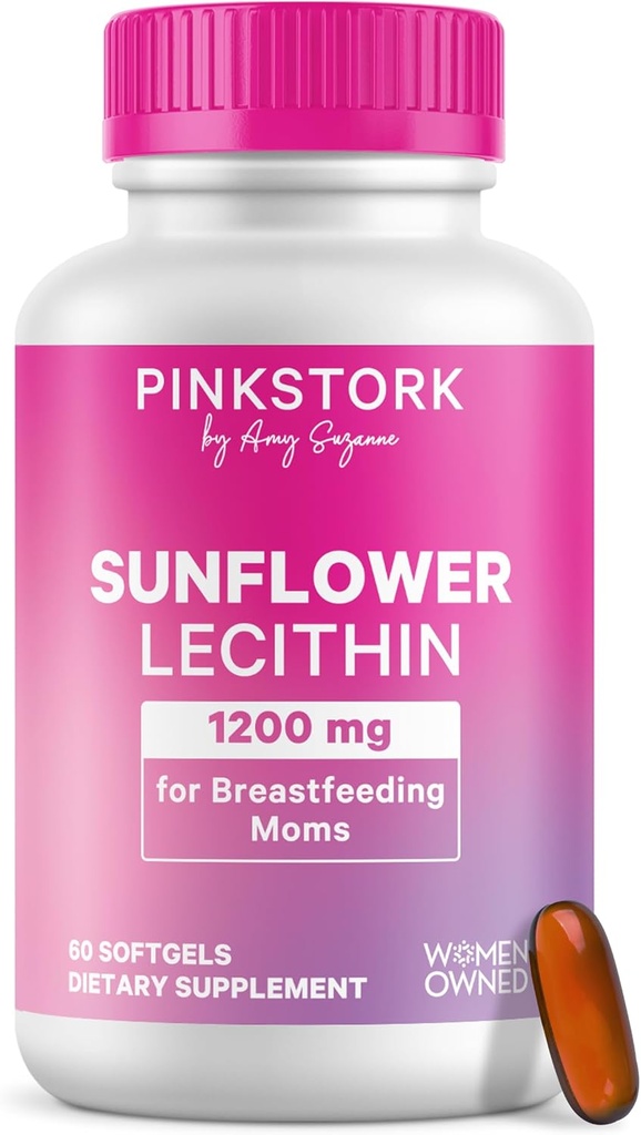 Pink Stork Sunflower Lecithin补充剂 - 1200 mg 用于堵塞的牛奶 Ducts - 产后哺乳必需品 - 支持母乳流动 - 60 软胶