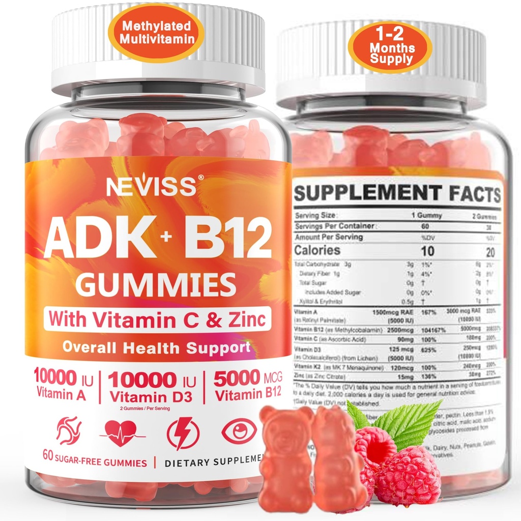 Methylated Multivitamin Women Men, Vitamin D3 K2 5000IU / 10,000IU, B12 5000 mcg 2500mcg, K2 (MK-7) 240mcg- ADK+Methyl Vitamin B12, Vegan D3,Vitamin A,C,Zinc Eye,Bone,Energy,Immune, Sugar-Free Gummies