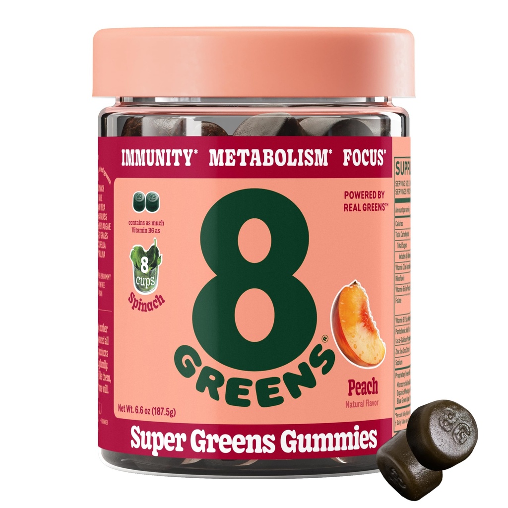 8Greens Daily Greens Gummies, Peach, 50 Count | Spinach, Wheatgrass, Blue Green Algae, Spirulina, Aloe Vera, Chlorella, and Barley Grass; For Metabolism, Immunity & Focus