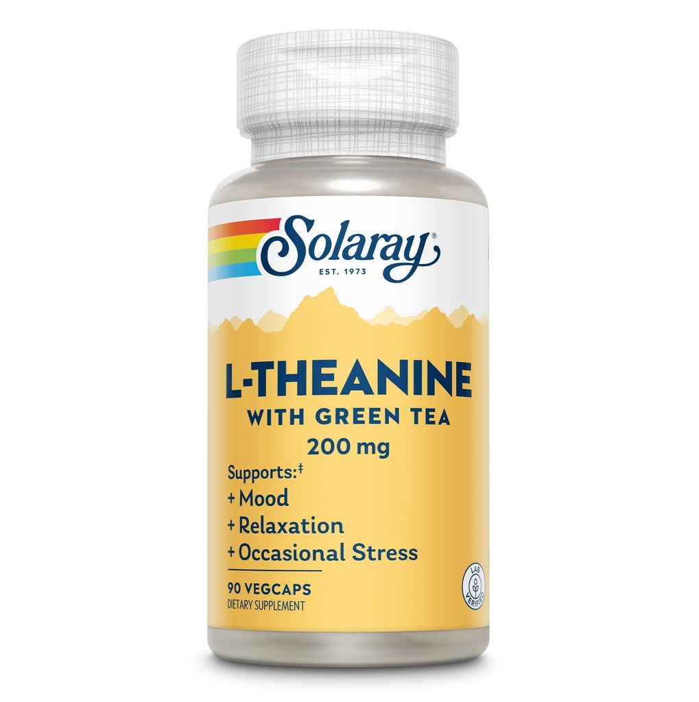 SOLARAY L-Theanine 200mg with Green Tea - Healthy Mood, Relaxation and Occasional Stress Support - Lab Verified, Vegan, Gluten Free - 90 Servings, 90 VegCaps