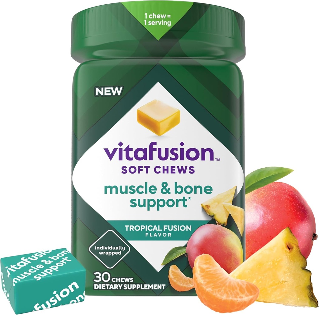 Vitafuze Měkké Chews Muscle & Bone Support (1), Dospělý Žvýkací vitamín D pro podporu kostí a svalů, jednotlivě zabalený, Tropická Fusion Flavor, 30 Chews, 30 Day Supply