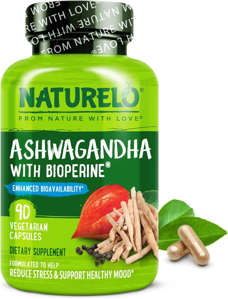 NATURELO Ashwagandha Bio-Root-Pulver - Natürliche Kräuter Ergänzung für Fatigue, Relief Stress, Mood Enhancer - mit Schwarz Pfeffer Extrakt - 90 Vegan Kapseln
