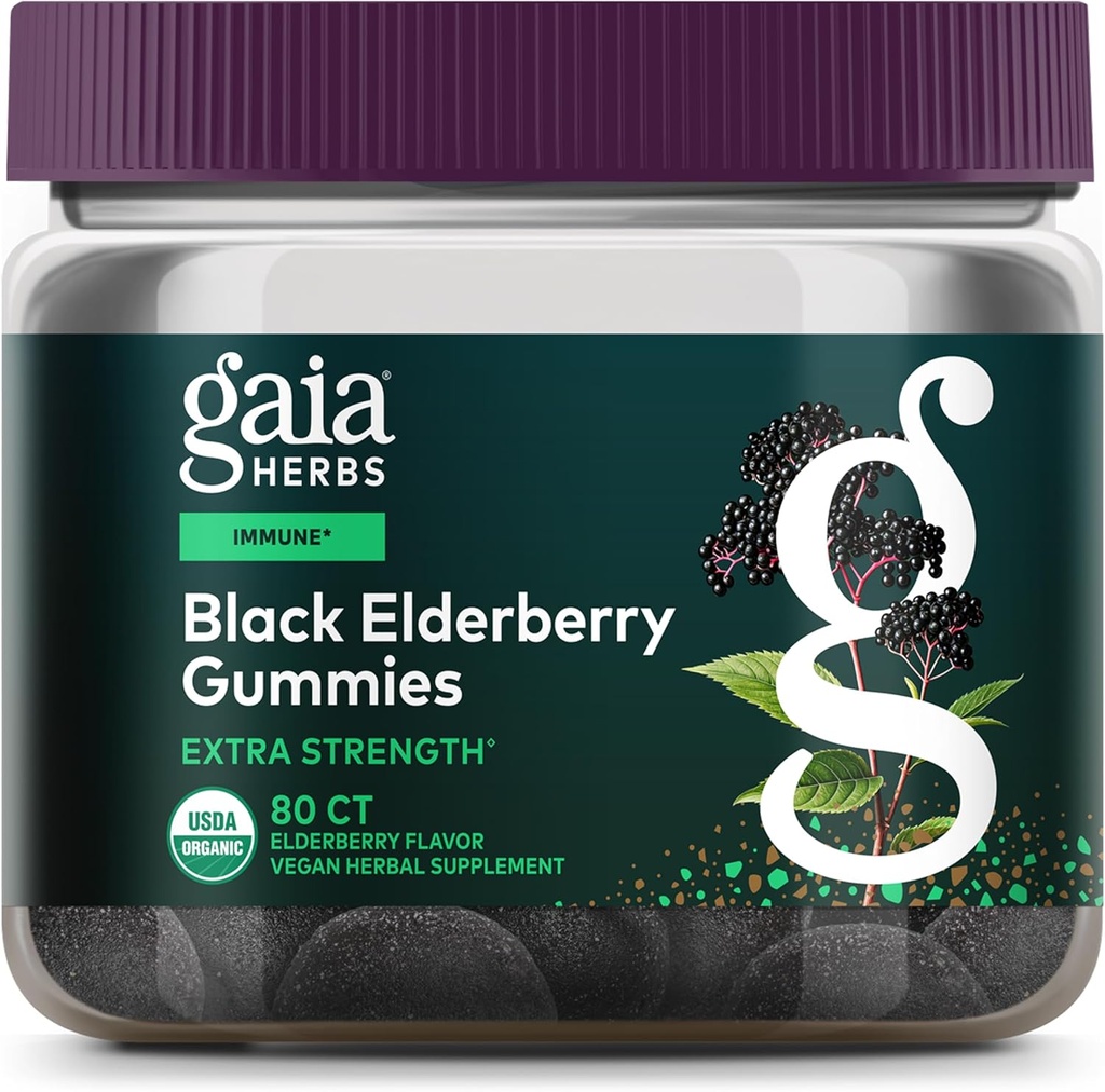 Gaia Herbs Black Elderberry (Sambucus Nigra) Extra Strength Gummies - Delicious Immune Support supplement - Made with Certified Organic Black Elderberries for Immune System Support - 80 Gummies