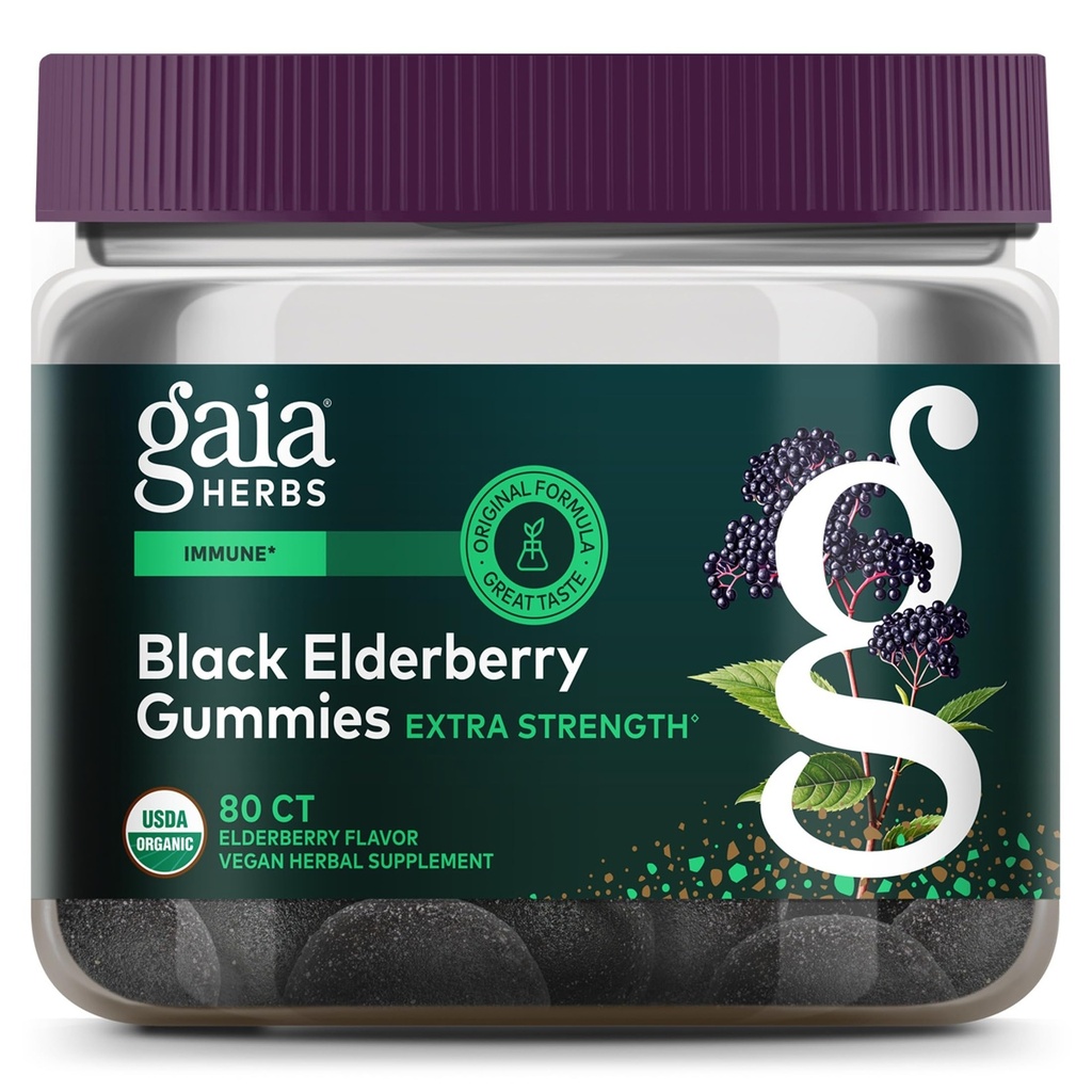 Gaia Herbs Black Elderberry (Sambucus nigra) Extra Strength Gummies - Delicious Immune Support Supplement* - Certified Organic Black Elderberries for Immune System Support* - 80 Gummies (40 Servings)
