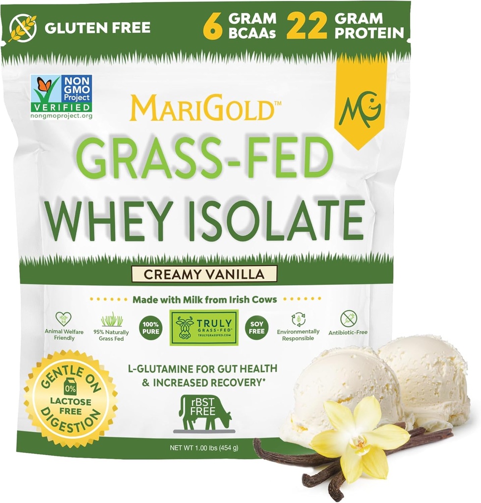 MariGold Grass-fed Whey Protein hauts isolatua - Creamy Vanilla Flavor - 1 Lb Bag | 100% Pure, Cold-Processed, Mikro-Iragazkiak, Undenatured, Non-GMO, rBGH Free, Soy Free, Gluten Free, Lactose Free