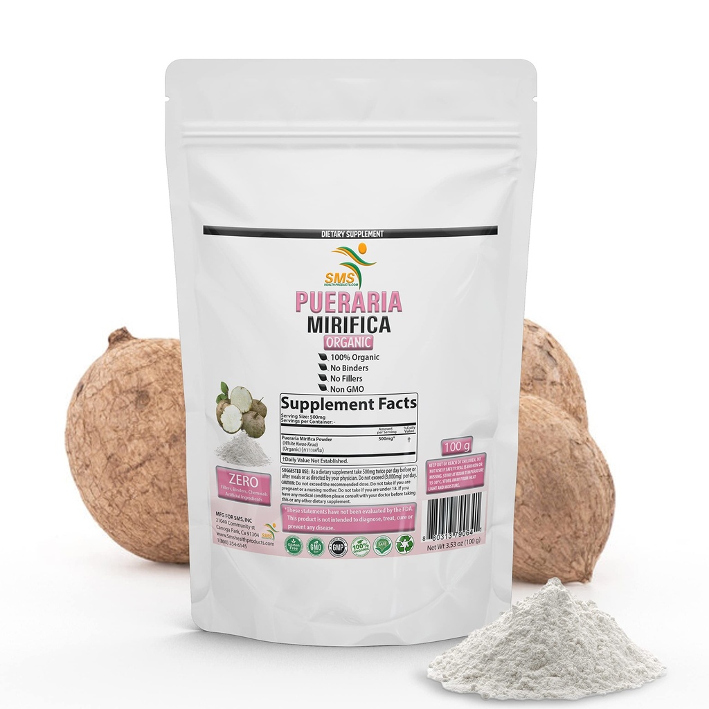 Potent Pueraria Mirifica White Kwao Krua Kao Powder, Promotes Women's Health | Imported from Thailand | Organic, Non GMO, Gluten Free Supplement | 100g | by SMS