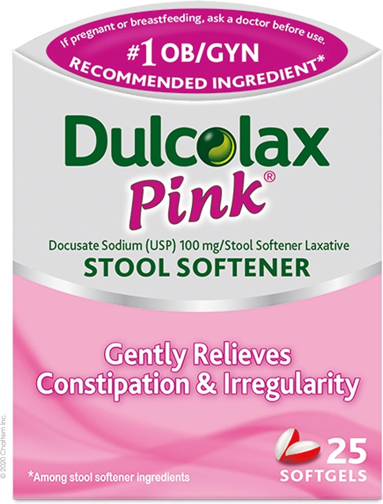 Dulcolax Pink Stool Softener, Docusate Nātrijs, 100 mg Soft Gel tabletes, 25 Skaits