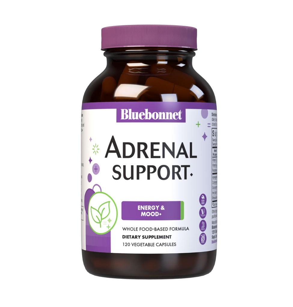 Bluebonnet Nutrition Adrenal Support, Energy & Mood*, Non-GMO, Vegan, Kosher Certified, Gluten-Free, Soy-Free, Dairy-Free, 120 Vegetable Capsules, 60 Servings