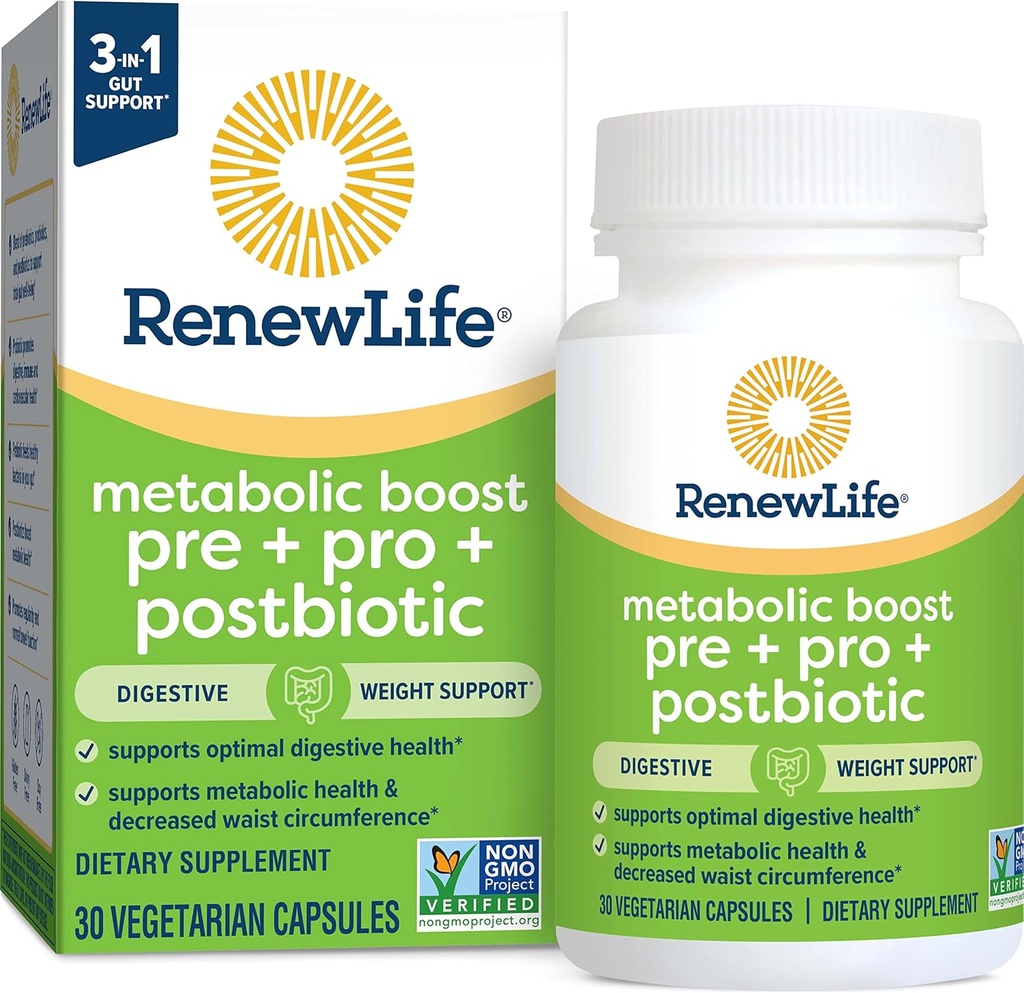 Renew Life Metabolic Boost Pre + Pro + Postbiotica; Prebiotica, Probiotica en Postbiotica Ondersteuning Optimale Digestieve Gezondheid en Metabole Gezondheid; 30 Vegetarische Capsules