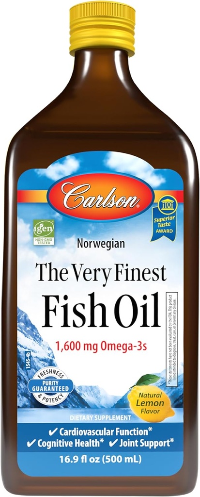 Carlson - Erittäin Finest Fish Oil, 1600 mg Omega-3s, Liquid Supplement, Norwegian, Wild-Caught, kestävästi lähde, Lemon, 16,9 Fl Oz