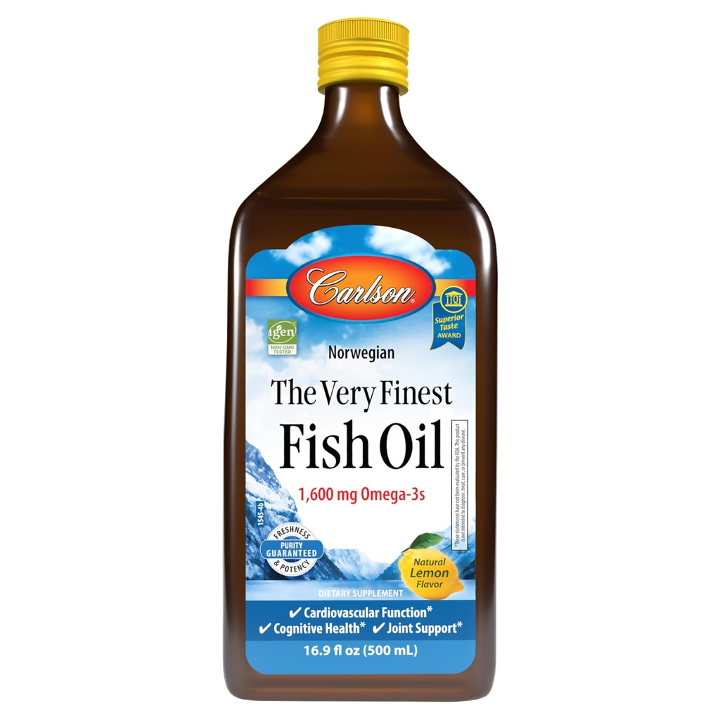 Carlson - The Very Finest Fish Oil, 1600 mg Omega-3s, Liquid Supplement, Norwegian, Wild-Caught, Sustainably Sourced , Lemon, 16.9 Fl Oz