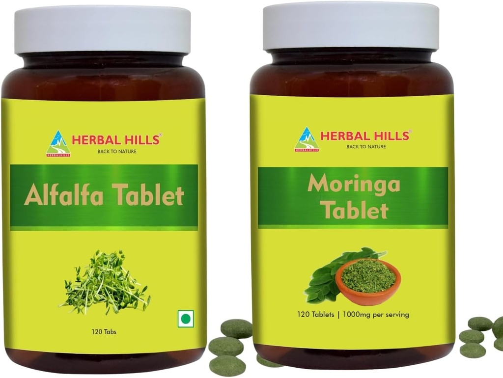 HERBAL HILLS Alfalfa Tablet e Moringa Leaf Tablet Pack di 2 Combo