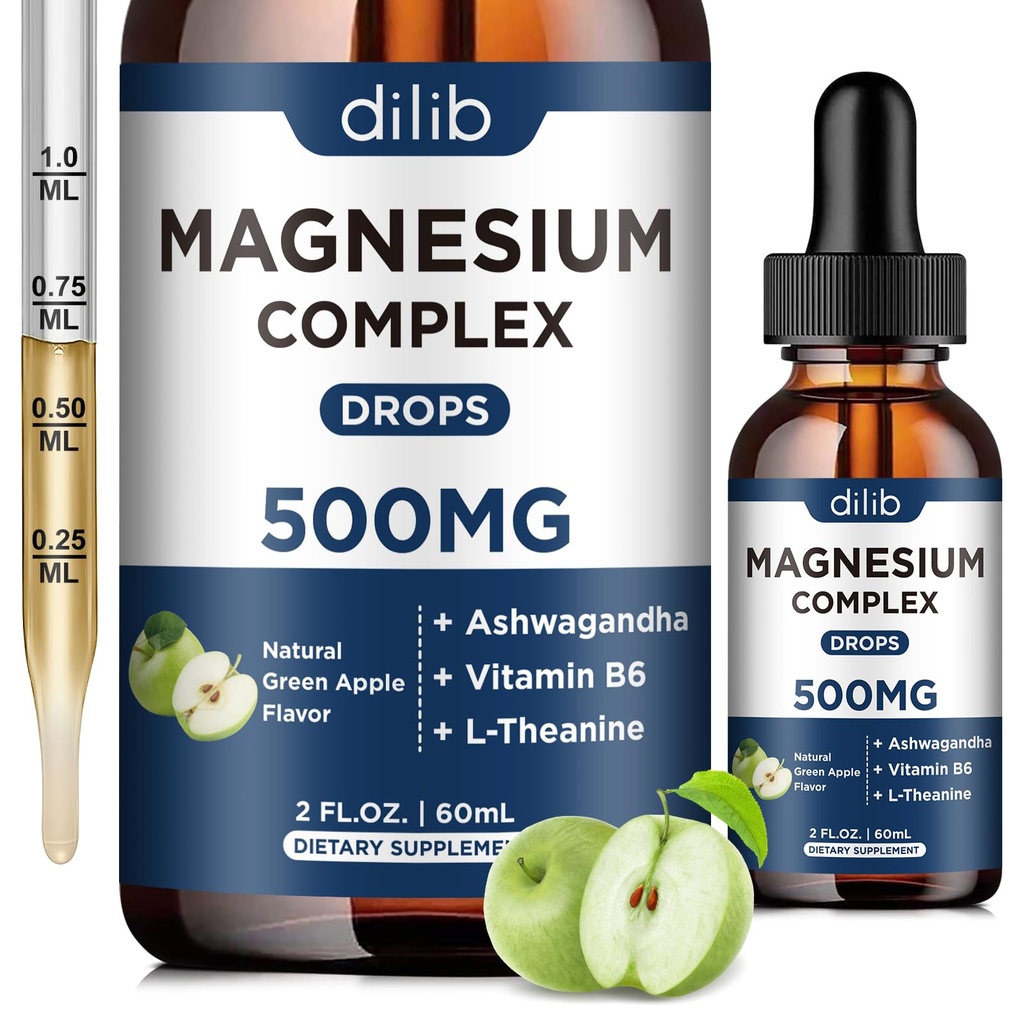 Triple Magnesium Complex Supplement-Magnesium Glycinate, Citrate, Malate Liquid Drops 500mg with Ashwagandha, L-Theanine, B6 for Calm, Stress Relief, Sleep, Muscle Support-Green Apple Flavor