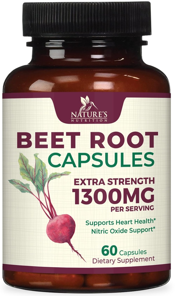 Beet Root Capsules - 1300mg per Serving - Extra Strength Organic Beetroot Powder Supplement - Supports Nitric Oxide Production, Heart Health & Natural Energy - Bottled in USA - 60 Veggie Capsules