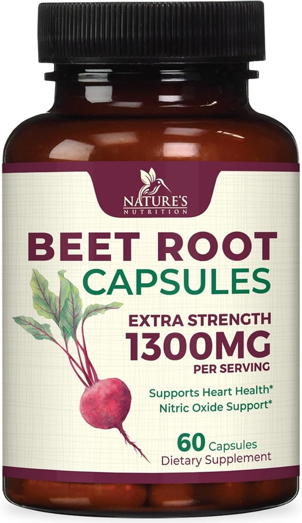 Beet Root kapsulak 1300mg - Indar gorriaren hauts gehigarria - oxido nitrikoen ekoizpena, bihotzaren osasuna eta energia naturala onartzen ditu - Ez-GMO, Vegan, Gluten Free - 60 Veggie kapsulak