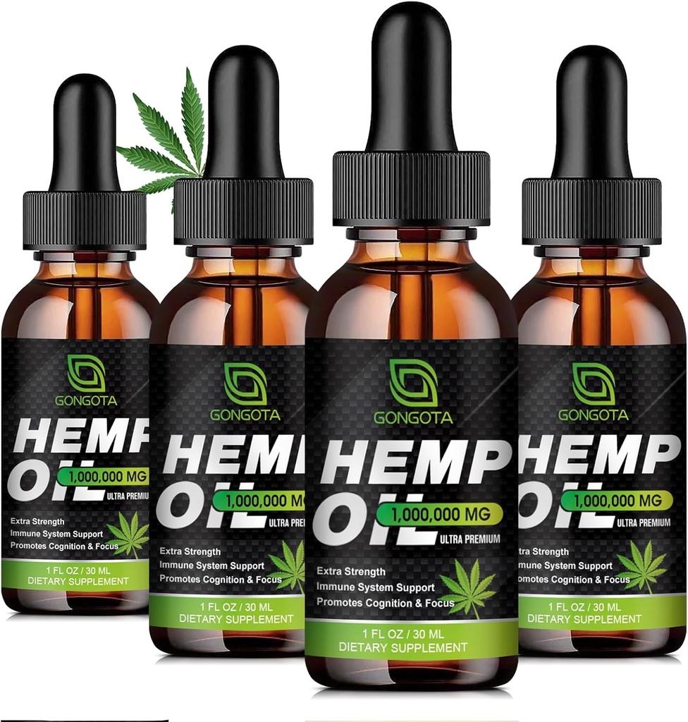 (4- Pack) High potency Hemp Oil - 1,000,000 Maximální síla - Pomáhá při relaxaci, stresu, uklidnění, spánku - Organic Hemp Oil Extract - Vegan, Imunizační podpora, Non- GMO