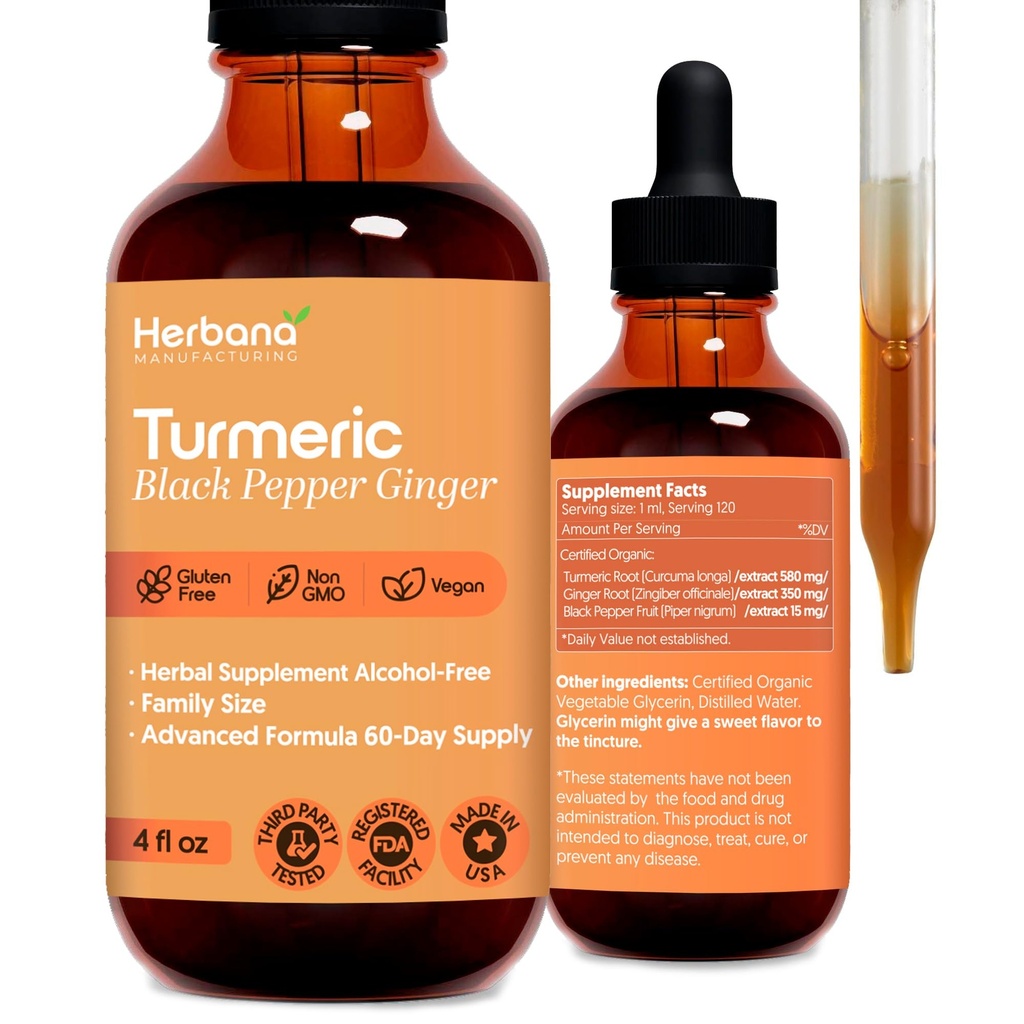 Turmeric Liquid Extract with Ginger & Black Pepper - Alcohol-Free Herbal Supplement Drops - Turmeric Root, Ginger Root & Black Pepper Blend - Vegan, Non-GMO - 4 FL OZ