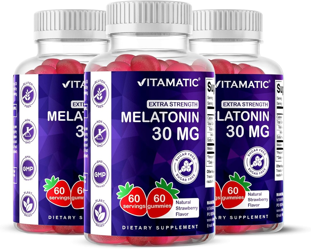 Vitamàtic Sugar Free Melatonin 30mmy per Gummmy - 60 Servings - 60 Vegeta Giesrian - No Habiting suplementari (60 comte (Pack de 3)