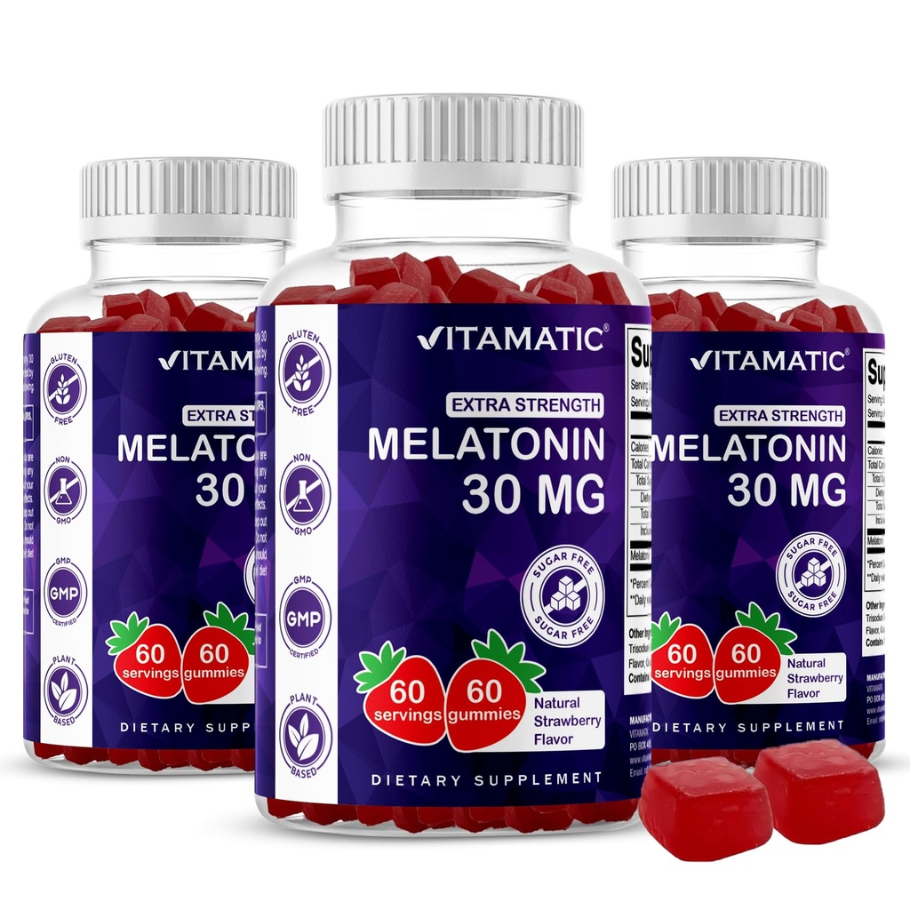 Vitamatic Sugar Free Melatonin 30mg per Gummy - 60 Servings - 60 Vegetarian Gummies - Non-Habit Forming Supplement (60 Count (Pack of 3))