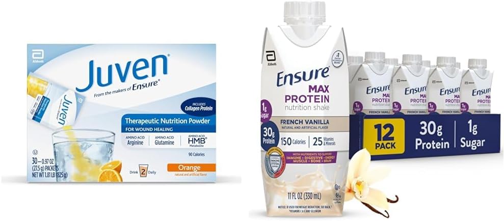 Juven Therapeutic Nutrition Drink Mix Powder for Wound Healing, 30 Count + Assegure Max Protein Nutrition Shake, French Vanilla, 12 Pack