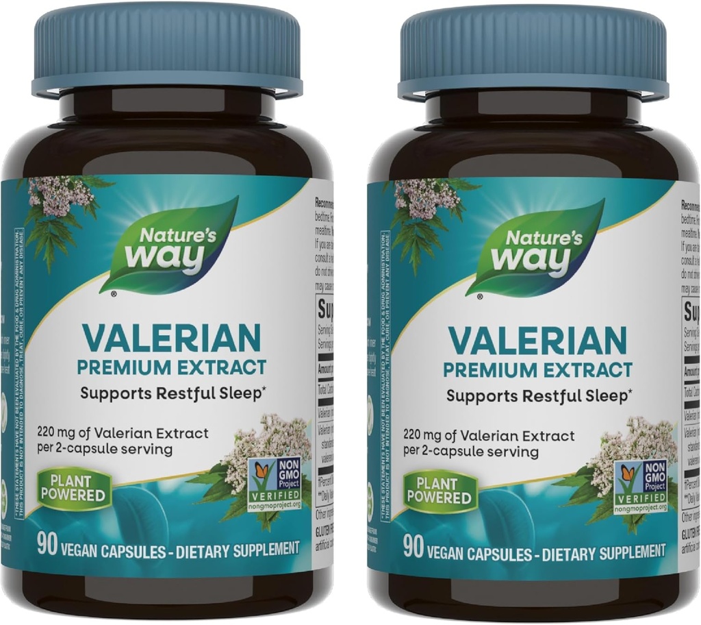 Natura's Way Valerian Premium Extract - 220 mg extract valerian per 2-capsule Servire - Suportă somn odihnitor * - Proiect non-GMO verificat - Suplimente vegetale - Gluten gratuit - 90 capsule (2 ambalaj)