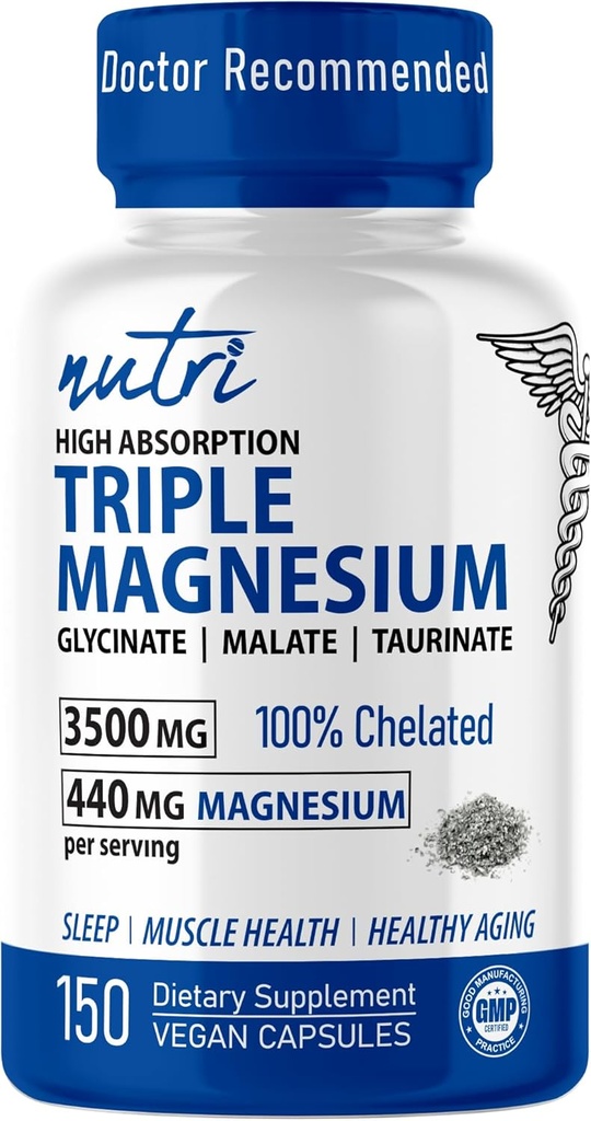 Nutri Triple Magnesium Complex 440mg - Magnesium Glycinat, Malat, & Taurinate - 100% Chelat für maximale Absorption - 120 Vegan Kapseln - Triple Complex Magnesium - Magnesio Triple Complex