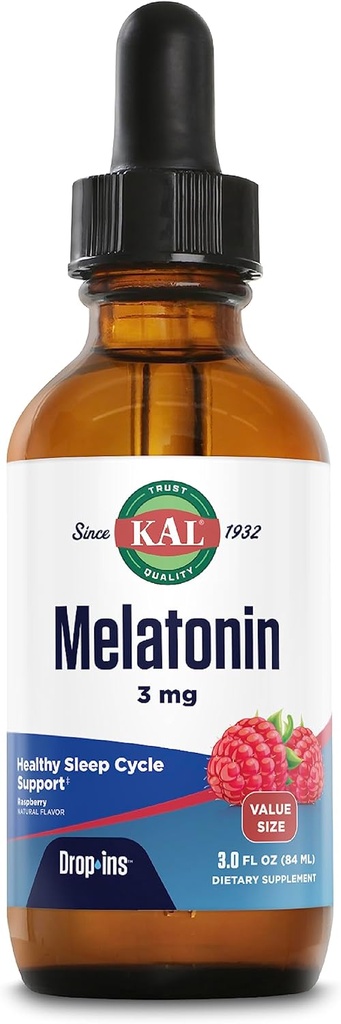 KAL Melonatin 3mg DropIns, Fast Acting Sleep Aid Aid, Melonatin Drops for Calming Relaxation and Healthy Sycle Cycle, Natural Raspberry Flavor, 60 Day Affitee, Approx.