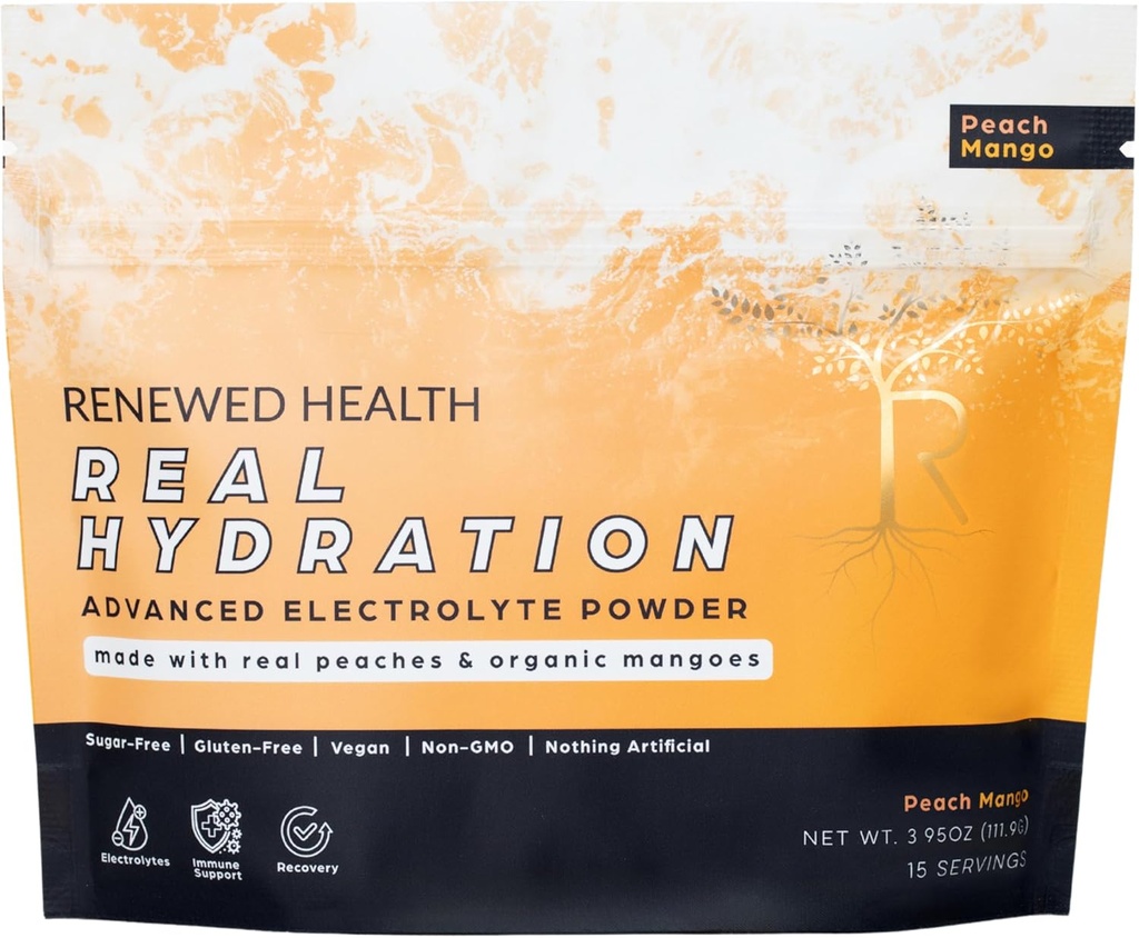Real Hydration - Organic Fruit-based Electrolyte Mix - Organic Fruits & Pink Salt ilə Made - Zero Sugar & Vegan - Hydration, Immune & Recovery Support (15 Xidmət, Peach)