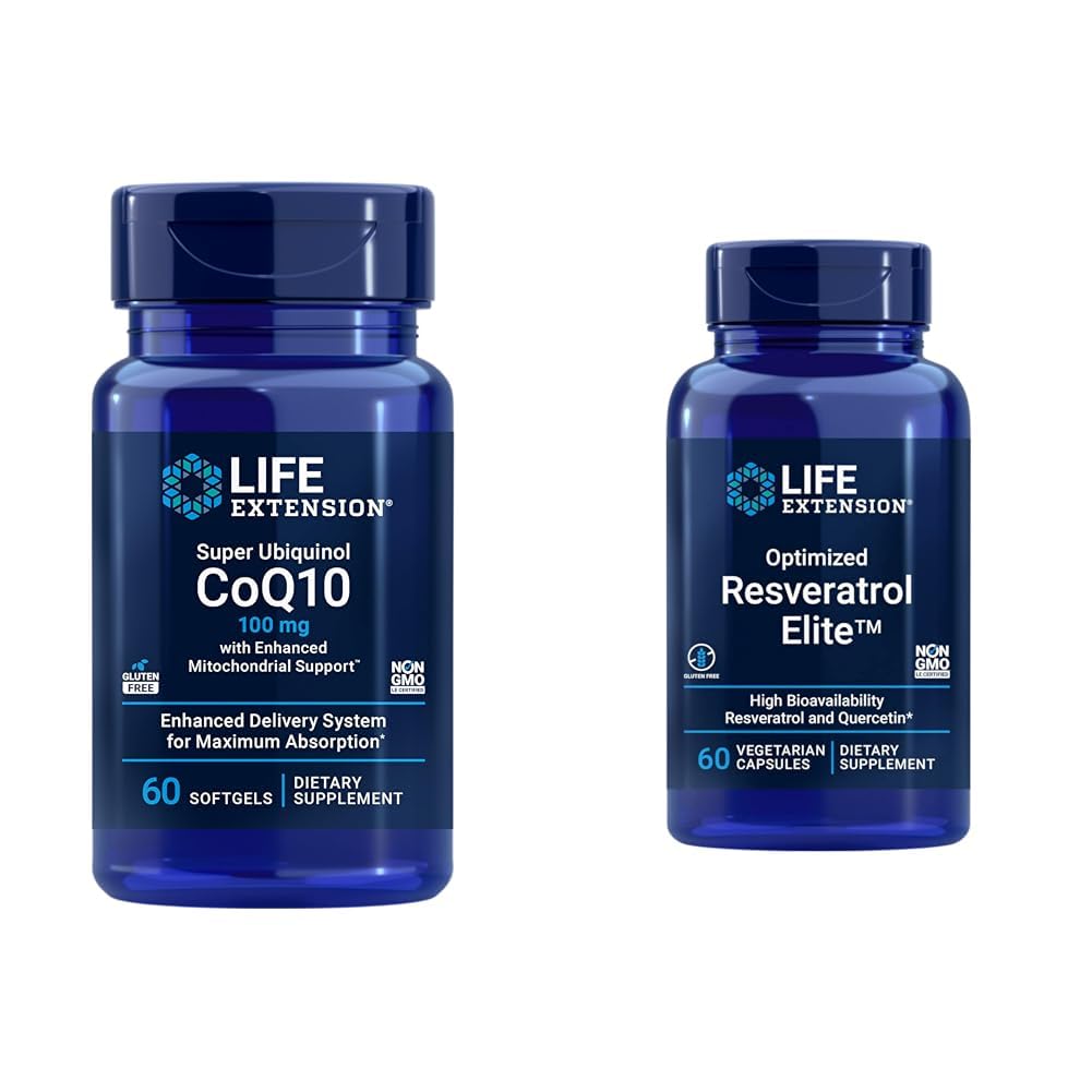 Life Extension Super Ubiquinol CoQ10 60 Softgels and Optimized Resveratrol Elite 60 Vegetarian Capsules Bundle