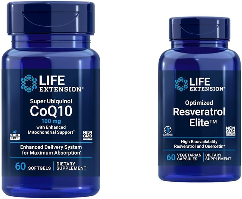 Life Extension Super Ubiquinol CoQ10 60 Softgels in Optimizirano Resveratrol Elite 60 Vegetarian kapsule paket