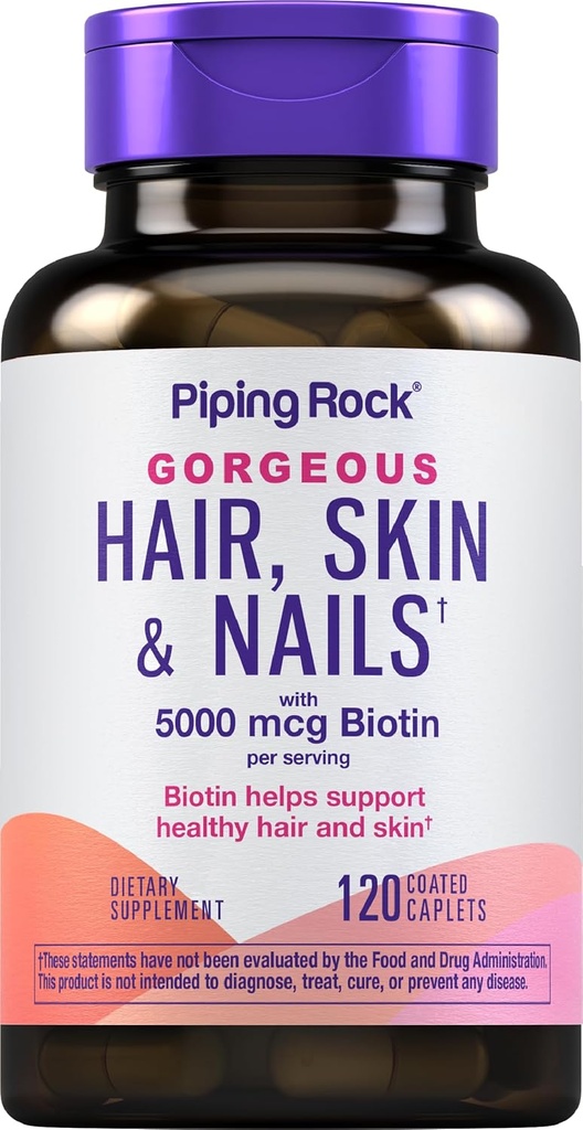 Piping Rock Hair Skin and Nails Vitamins , 120 Caplet Pills | with Collagen , 5000 mcg of Biotin , Non-GMO, Gluten Free supplement