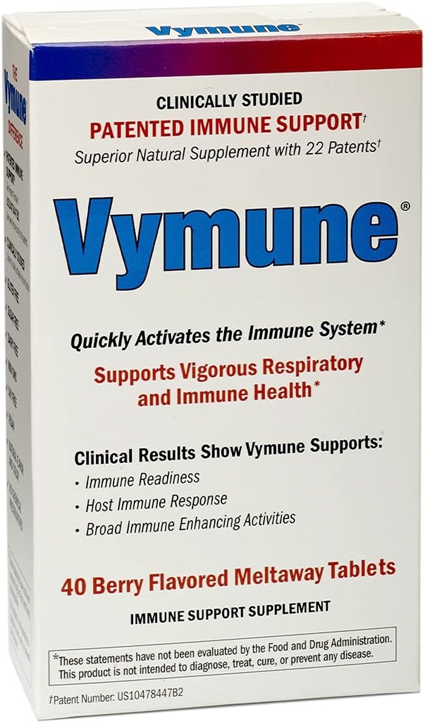 Vymune Amino-Acid Advanced Immuno Support Papildinājums ar jaudīgām aminoskābēm Taurīns, Lysine un treonine Meltaway tabletes, Berry Flavored – pieaugušajiem (800mg C vitamīna, 40ct.)