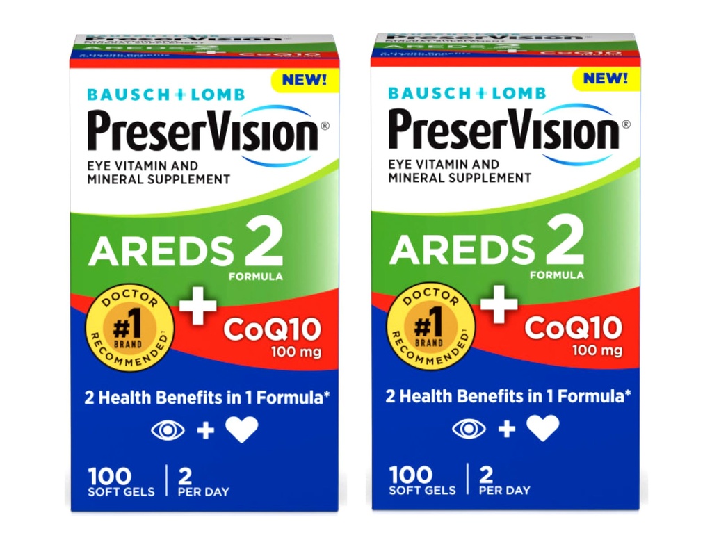 PreserVision Eye Vitamin & Mineral Supplement AREDS 2 Formula + CoQ10, 2-in-1 Health Benefits, 100 Softgels (2 per Day) Pack of 2