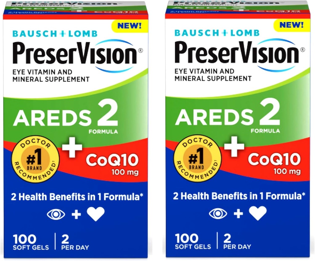 PreserVision Eye Vitamin & Mineral Supplement AREDS 2 Formula + CoQ10, 2-in-1 Osasun-ondasunak, 100 Softgel (2 eguneko)