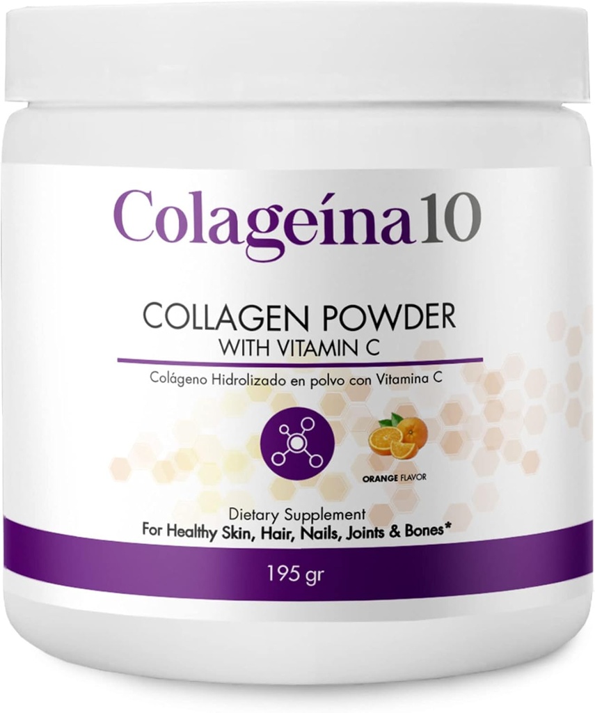 Colageina 10 Hidrotizat Cundar amb Vitamina C (195 gr) - Orange Flavor - Anti-Ading Dietary suplementari per a la pell de salut, pel cabell, Nals, parsecs i Bones