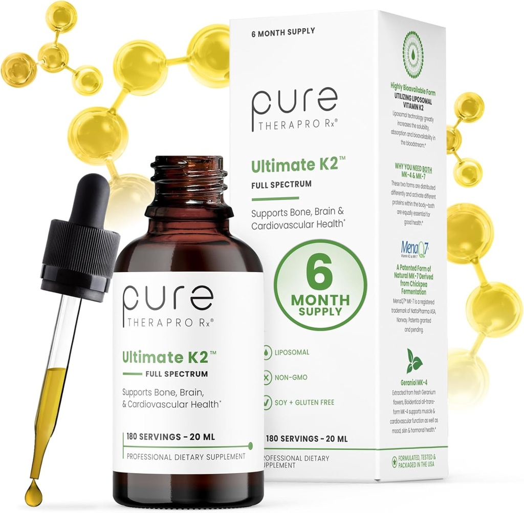 Rena Therapro Rx Ultimate K2 Supplement | Liquid Liposomal Vitamin K2 droppar | 180 Servering | 600mcg Vegan K2 som MK4 & MenaQ7 MK7 | Stöder Benhälsa, Hjärthälsa, Hud & Hår | 20 ml
