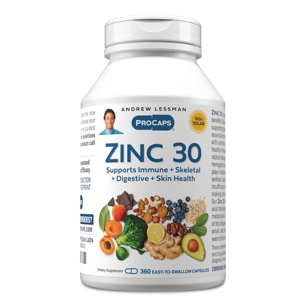 ANDREW LESSMAN Zinc 30mg - 360 Capsules - Highly absorbable Zinc Citrate. Supports Immune, Skeletal, Digestive and Skin Health. Small Easy to Swallow Capsules. No Additives