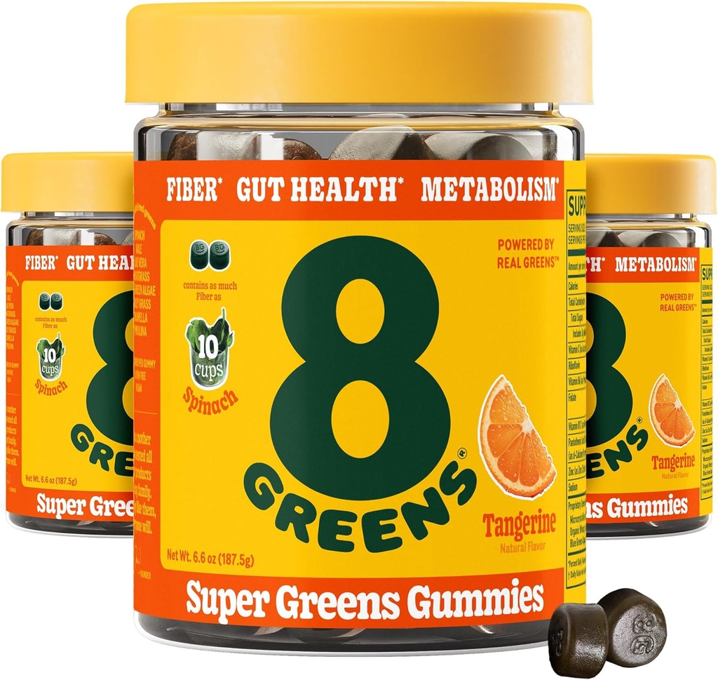 8Greens Daily Fiber Super Greens Gummies - Tangerine Flavor: Boost Imune System & Digestive Health with 8 Real Greens - Non-GMO Formula, Chewables, 50 Gummies, Pack of 3
