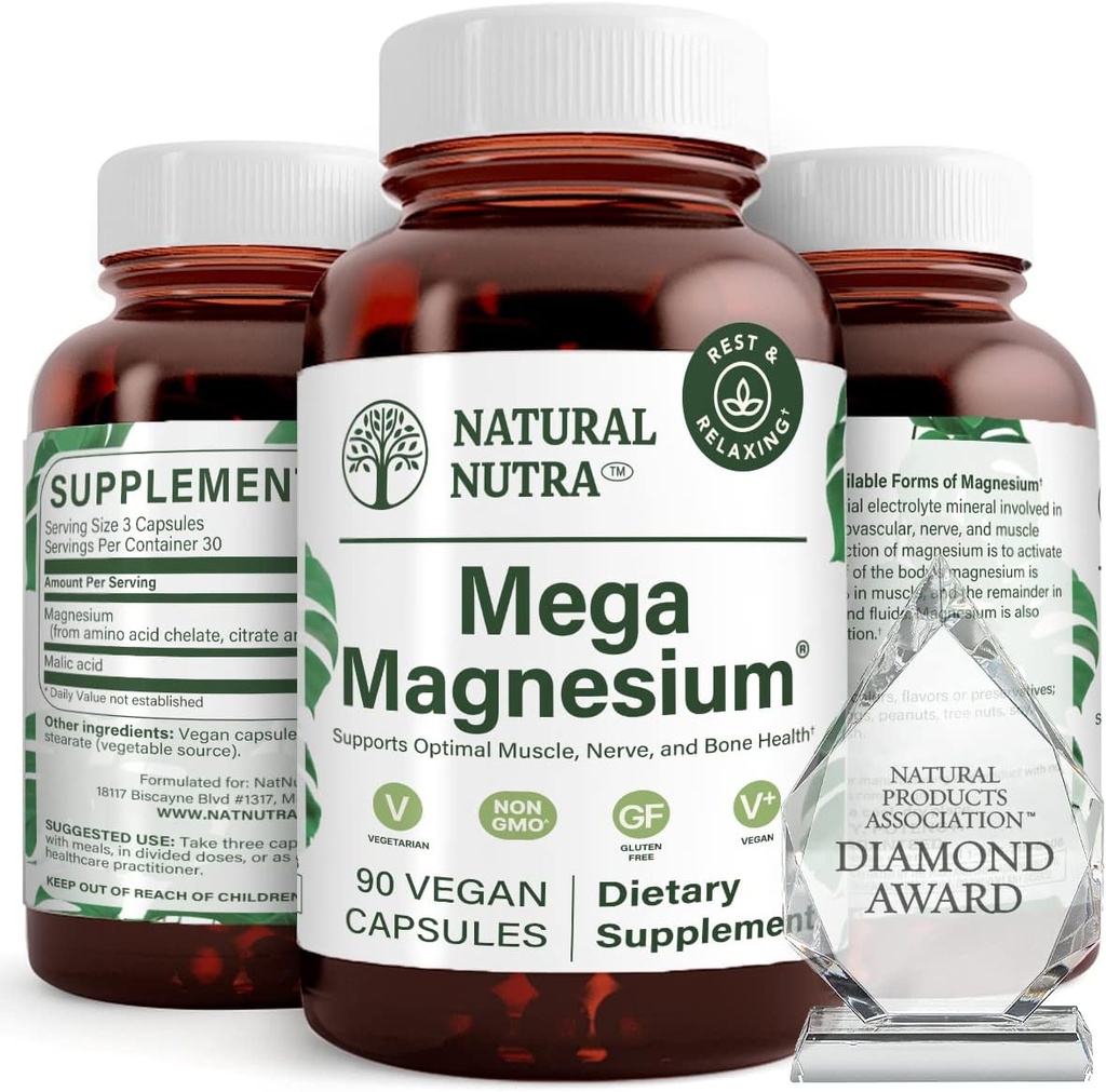 Natural Nutra Mega Magnesium 400mg Supplement - High Absorption Amino Acid Chelate, Citrate, Malate Blend for Muscle Growth, Bone Strength, Heart Health, Nerve Support - 90 Capsules (Pack of 2)