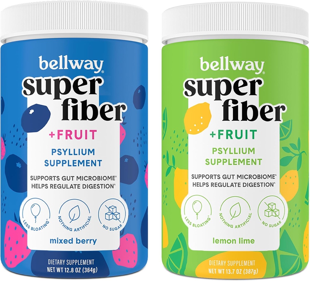 Bellway Super Fiber Powder + Fruit, Sugar Free Organic Psyllium Husk hauts zuntz gehigarria erregulartasunerako, Bloating Relief & Gut Health, Non-GMO, Mixed Berry & Lemon Lime