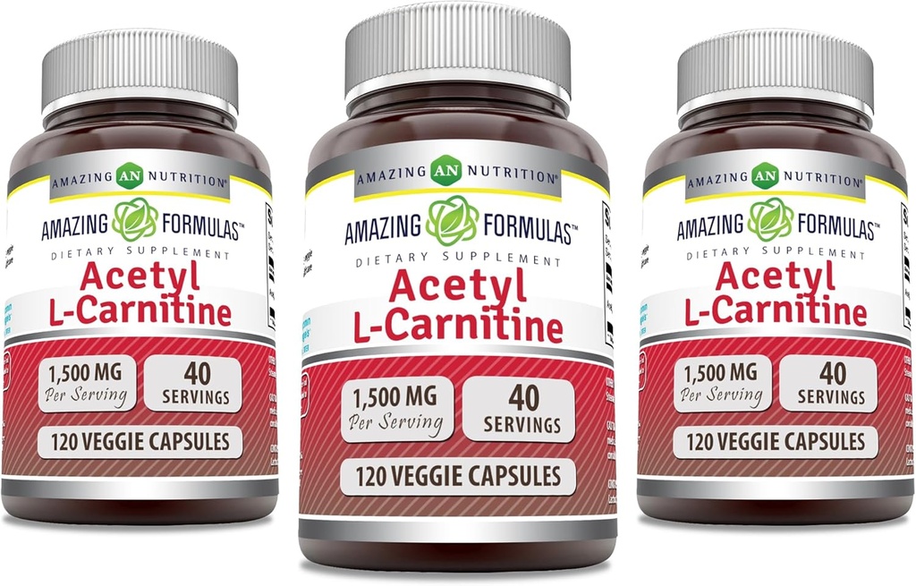 Amazing Formulas Acetyl L-Carnitine 1500 Mg Per Serving Veggie Capsules Supplement | Non-GMO | Gluten Free | Made in USA | Suitable for Vegetarians (120 Count) | Pack of 3