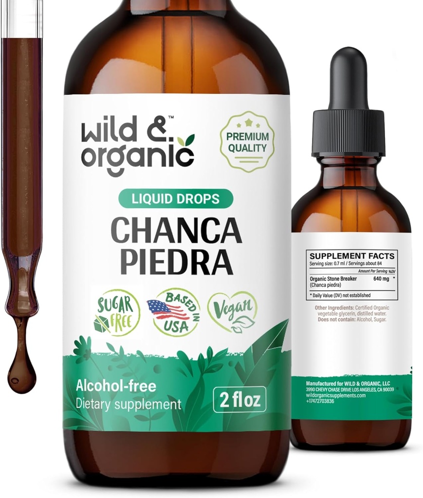 Wild & Organic Chanca Piedra Liquid Extract Drops - Stone Breaker for Nyre Stones & Gallblære Support - Urtebillede for Urinary Tract Well- Being - Vegan, Sugar & Alcohol- Free - 2 fl oz