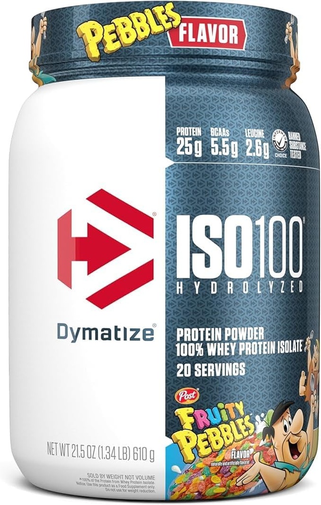 Dymatize x fulty Pebbles ISO100 WHE Protein Profile, 25g of Protein, 5.5g BCAAA, 120 Cal., Glutene Free, 1g Fat, 1g Sween, 2g Carb Aprorings)