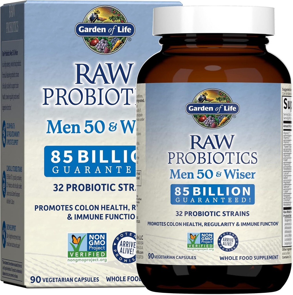 Garden of Life Raw Probiotics för män över 50 - Män 50 & Wiser Probiotic med Acidophilus och Bifidobacteria Probiotic-Created Vitamins, Enzymes och Prebiotics, Gluten Free - 90 Vegetariska kapslar