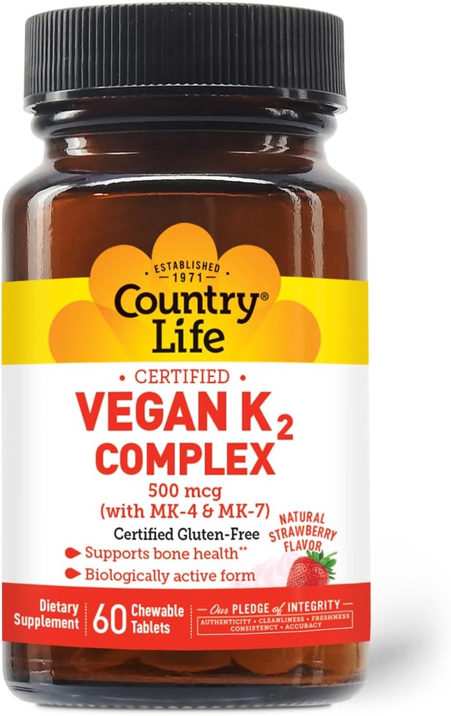 Country Life® Vegan K2-500 mcg, 60 Ct. Chewable Tablets. Sabor de fresa - Certified Gluten Free - Certified Vegan by AVA - para apoyar la salud de los huesos