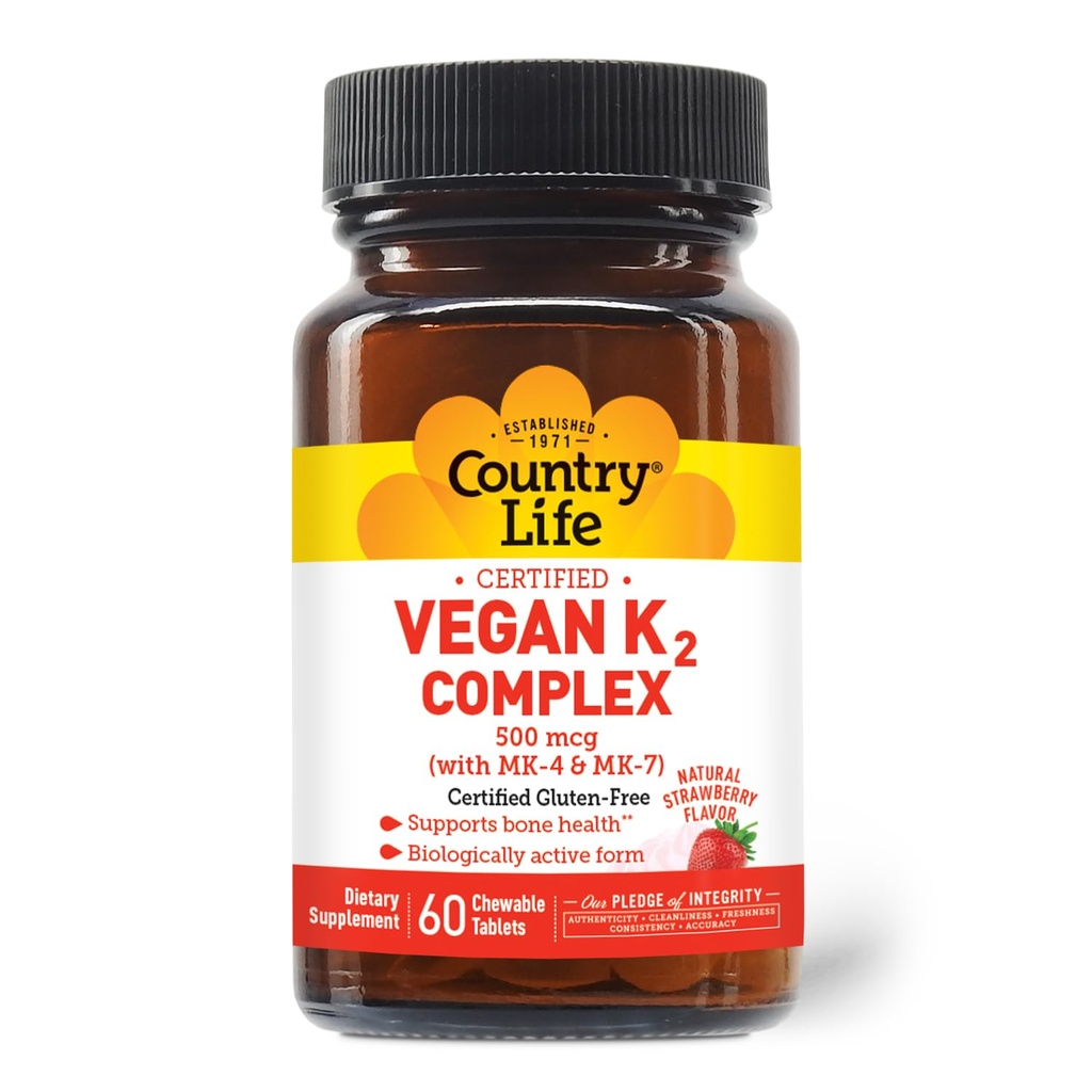 Country Life® Vegan K2-500 mcg, 60 Ct. Chewable Tablets. Strawberry Flavor - Certified Gluten Free - Certified Vegan by AVA – to Support Bone Health