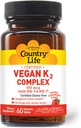 Country Life Vegan K2-500 mcg, 60 Ct. Chewable Tablets. شعلة الفراولة - مثبتة بالمجان - مصدق عليها من قبل AVA - لدعم صحة Bone