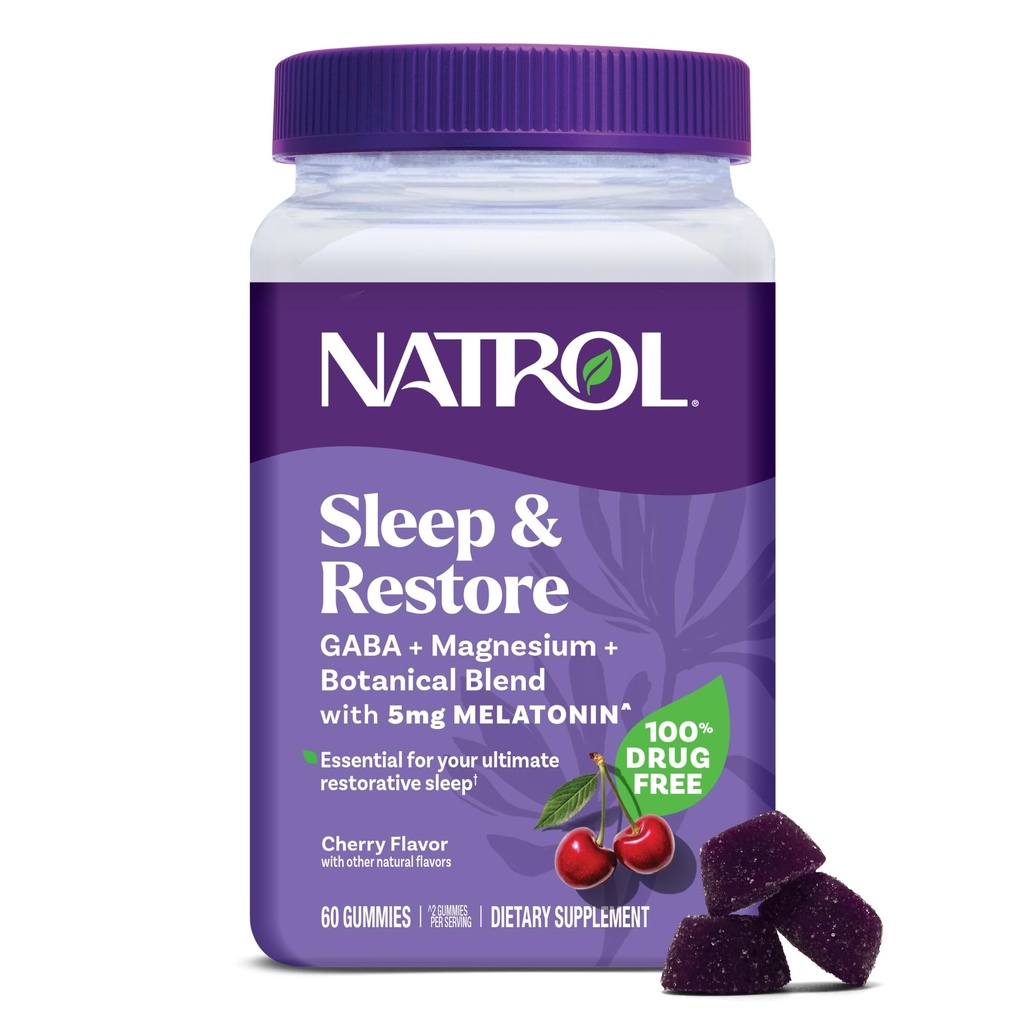 Natrol Sleep + Restore Magnesium Glycinate Blend Gummies with Melatonin 5mg - Calm Magnesium with GABA, Botanical Blend, Cherry Flavor, 60 Gummies