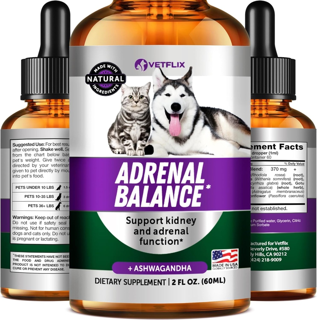 Adrenal Support for Dogs, Cats, Puppies and Kittens - Made in USA - Cushing's and Kidney Support Supplement - Natural Endocrine Health Formula - 2 Fl Oz